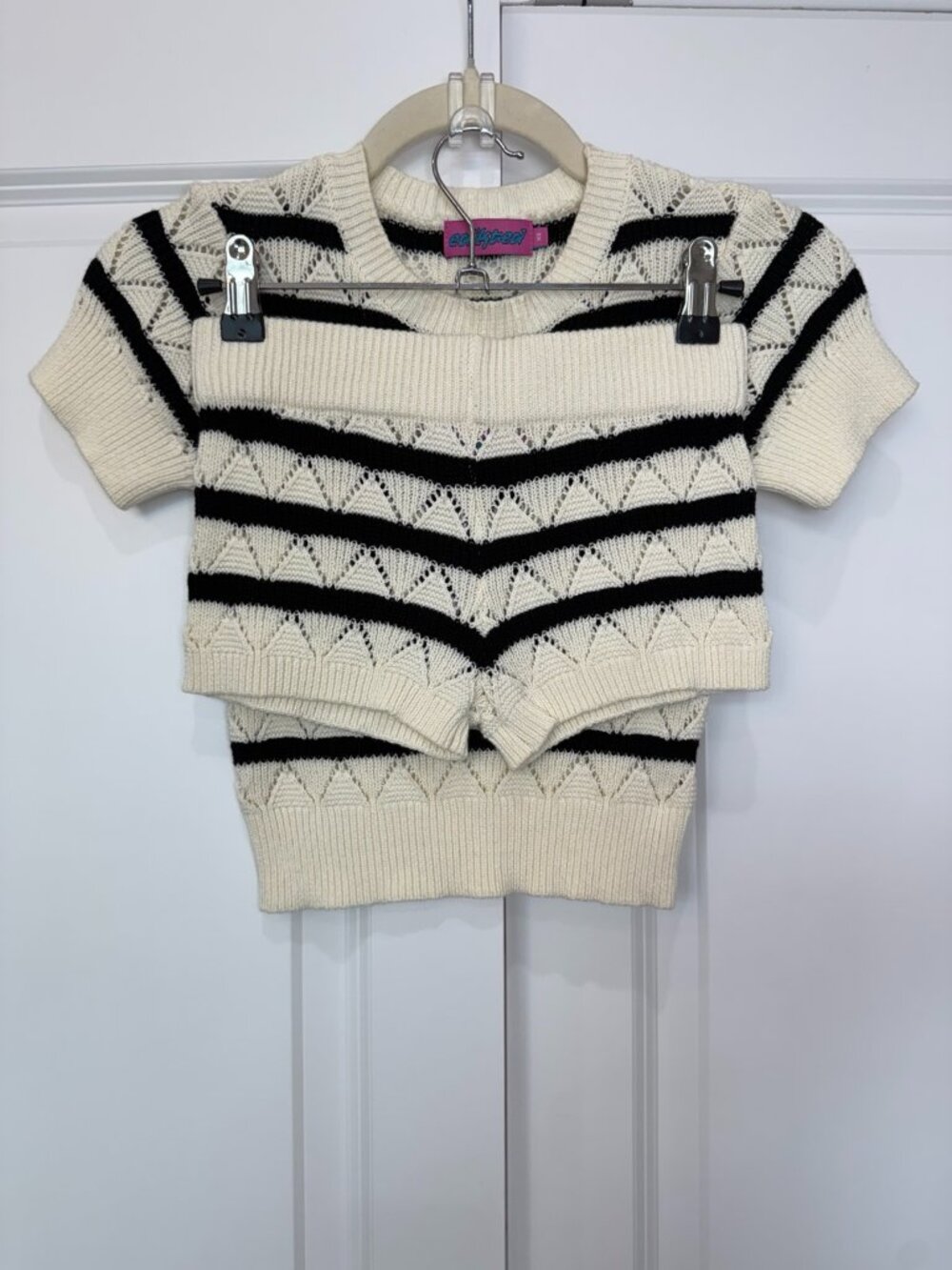 Edikted Galia Cream Black Striped Knit Top & Shorts Set XS